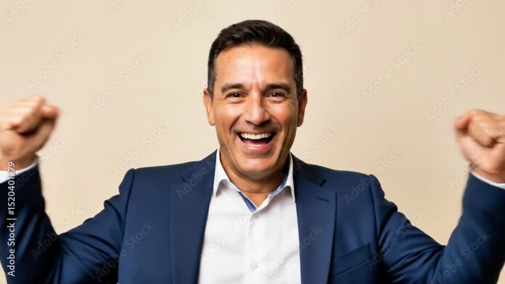 A delighted businessman celebrates his success with arms raised in triumph. A delighted businessman celebrates his success with arms raised in triumph.