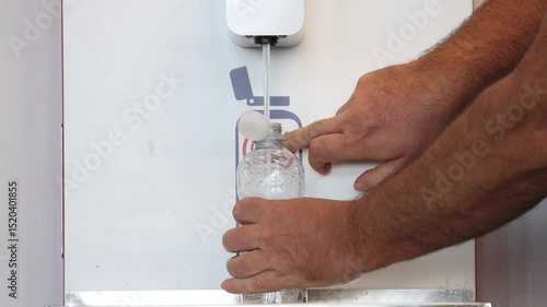 Male hands filling a plastic bottle from a water dispenser machine