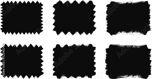 Black vector rough edge rectangles. Grunge square frames set. Jagged edge torn paper background collection. Paint brush strokes. Grungy distressed text boxes. EPS 10 version.