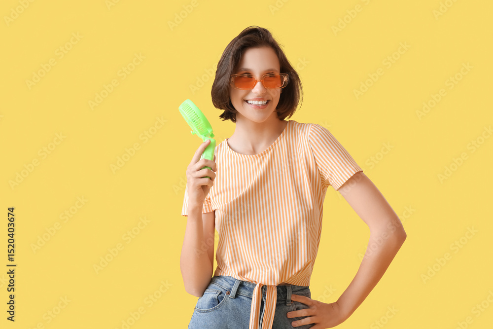 Young woman with green small electric fan on yellow background Young woman with green small electric fan on yellow background