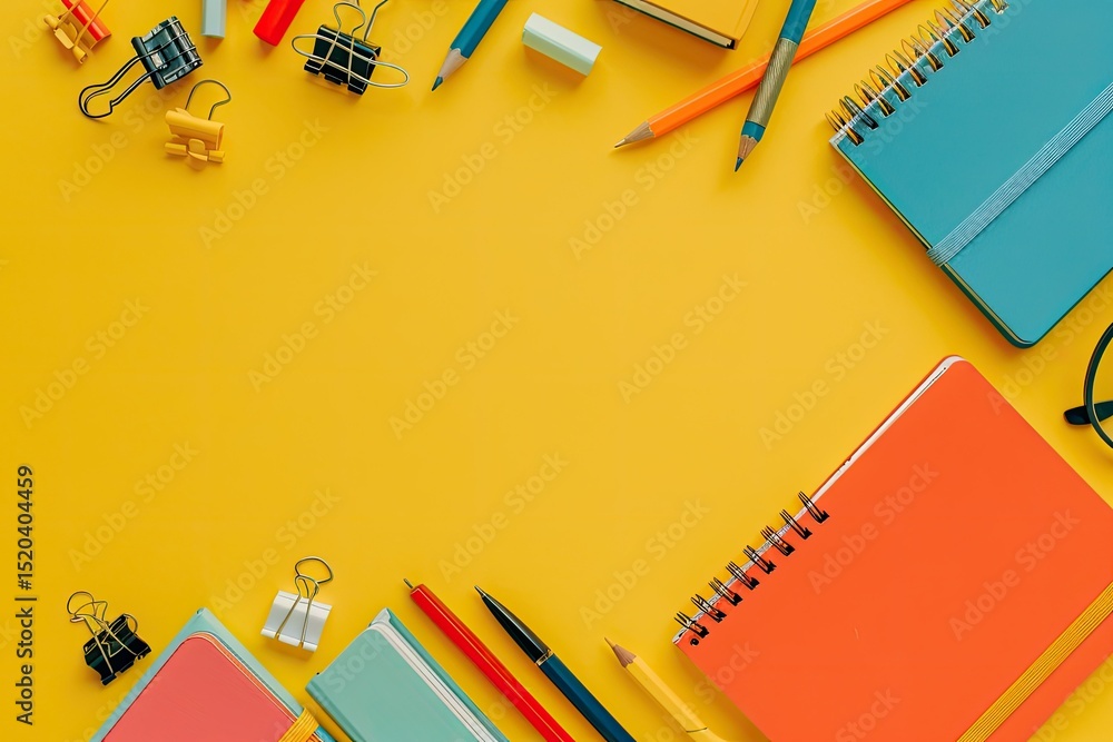 Colorful Office Essentials on Yellow Background Flat Lay Notebooks Stationery More Colorful Office Essentials on Yellow Background Flat Lay Notebooks Stationery More