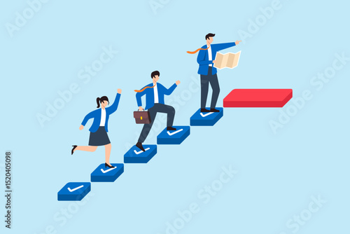 Flat illustration of business leader guiding team across floating checklist tiles on productivity roadmap to startup goal