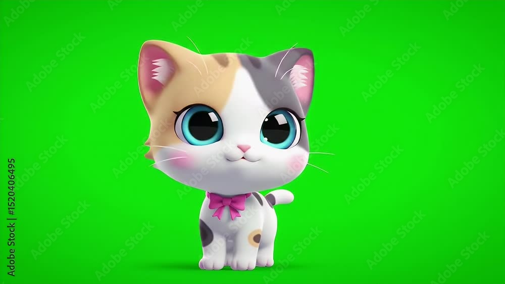 3D Render of Adorable Cartoon Cat with Big Eyes and Pink Bow on Green Screen Background 3D Render of Adorable Cartoon Cat with Big Eyes and Pink Bow on Green Screen Background