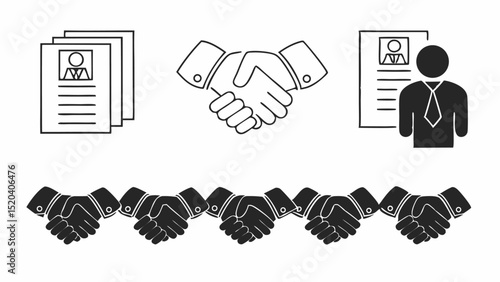 Illustration showing resumes, handshake icons, and a person in a suit, all in black and white style editable vector eps,ai silhouette