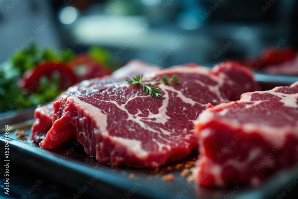 Close-up shot of raw beef steaks seasoned with herbs Close-up shot of raw beef steaks seasoned with herbs