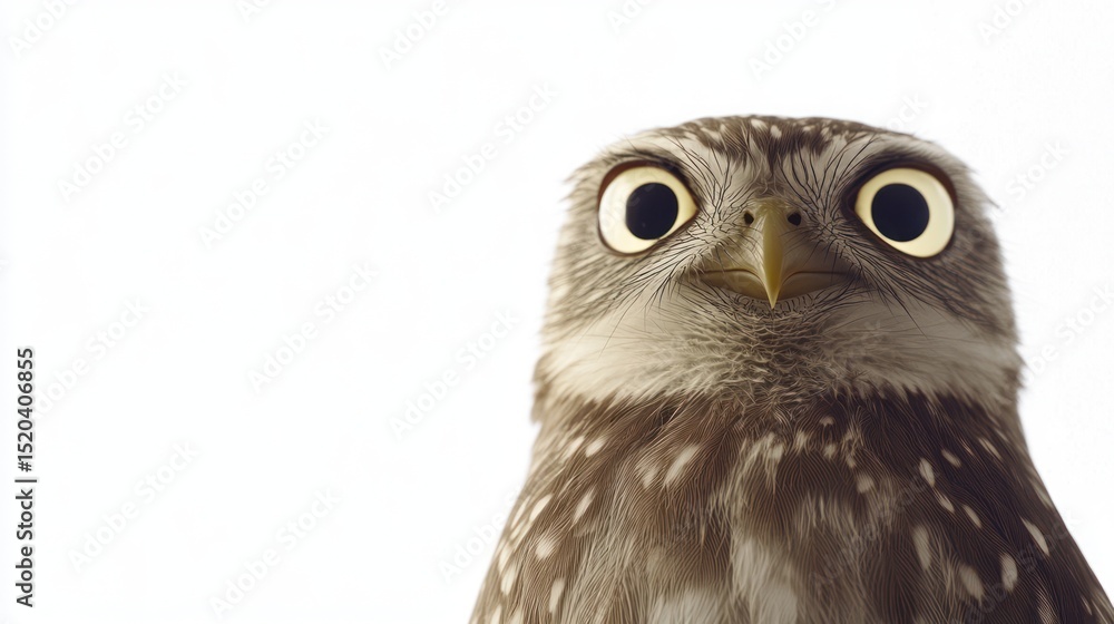 Fototapeta premium Close-up Owl with Wide Eyes, Against White Background, Possible Use in Educational Materials