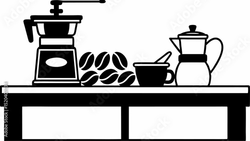 Still life of coffee grinder, coffee beans, cup with spoon, and moka pot on a table surface top editable vector eps,ai silhouette