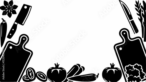 Black and white frame with cooking utensils, vegetables, chopping boards, and a flower on a white background editable vector eps,ai silhouette