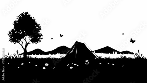 Silhouette of a tent in a field with mountains and a tree and butterflies in a black and white landscape editable vector eps,ai