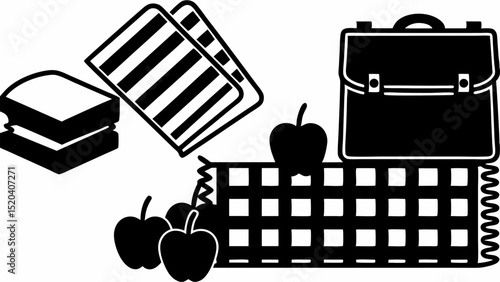 A picnic scene featuring a sandwich, two blankets, three apples, a picnic basket and a picnic blanket editable vector eps,ai silhouette