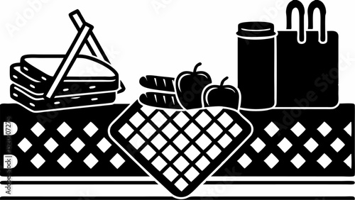 Black and white illustration of a picnic scene with sandwiches apples and a checkered blanket design editable vector eps,ai silhouette