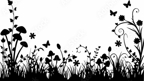 Black silhouette of a field with grass mushrooms flowers and butterflies on a white background design element editable vector eps,ai