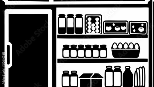 Illustration of a refrigerator with shelves stocked with various food containers and food items inside editable vector eps,ai silhouette