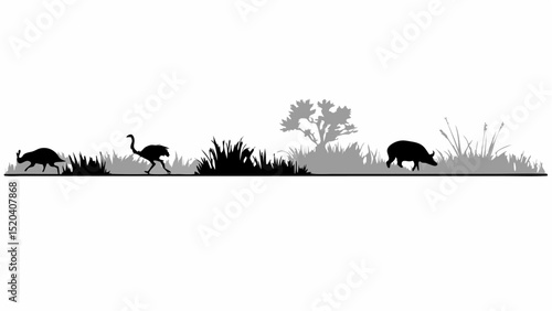 Silhouette of animals in a grassy landscape with a tree and plants in black and gray tones design editable vector eps,ai