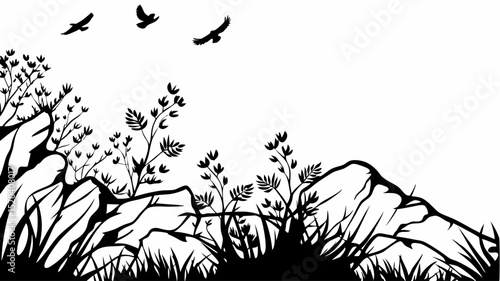Black and white silhouette of mountains with vegetation and birds flying in the sky landscape view editable vector eps,ai