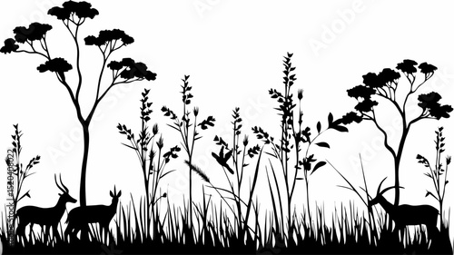 Silhouette of african landscape with antelopes trees and tall grass creating a scenic wildlife view editable vector eps,ai