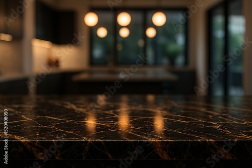 Elegant modern black marble countertop with gold veining in a luxury kitchen setting, beautifully illuminated by warm ambient lighting and blurred interior background

