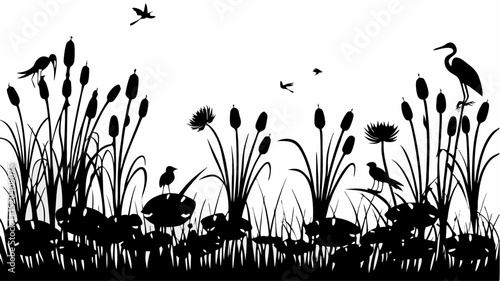 Silhouette of wetland scenery with birds, cattails, water lilies, and reeds in black and white style editable vector eps,ai