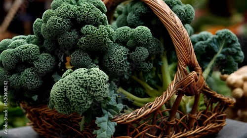 Freshly harvested broccoli in a woven basket displays abundant green florets and healthy leafy stalks on a rustic tabletop