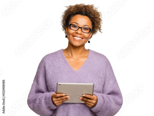 Wallpaper Mural Mature African-American woman wearing purple sweater and holding a digital tablet, isolated on white or transparent background Torontodigital.ca