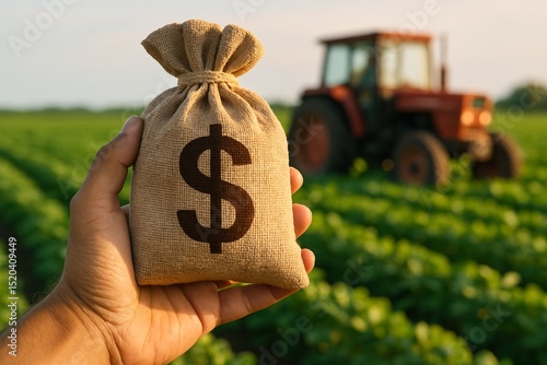 Close-up of a hand holding a money bag with a dollar sign in front of a green agricultural field and tractor, symbolizing farm investment, agribusiness, and rural finance concepts

