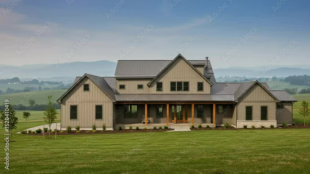 Modern Large House with Green Lawn and Mountain View in Bright Daylight Modern Large House with Green Lawn and Mountain View in Bright Daylight