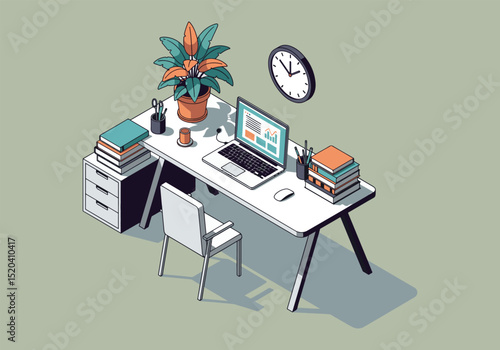 Isometric Vector Office Workspace with Desk, Laptop and Plants – Modern Flat Design for Business Use
