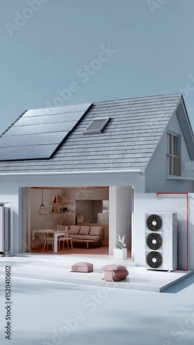 Modern house with solar panels, heat pump, and energy storage system, minimalist interior and neutral color palette, sustainable home