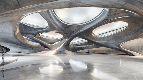 Sleek Harmonies: 3D Illustrations of Abstract Minimalist Architectural Backgrounds – Geometric Buildings Woven with Wave Curves and Metallic Textures. Dive into a visual universe where precision meets