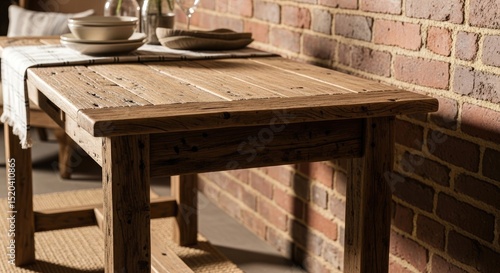 Rustic wooden table with place settings against a brick wall creating a warm inviting interior. Soft lighting and textures enhance the domestic setting.