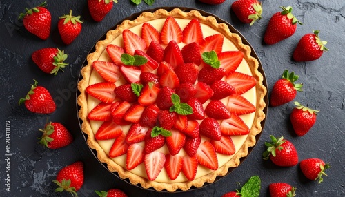 Top-down view of a luxurious strawberry tart with custard pie and golden crust, surrounded by loose strawberries and mint, elegant bakery display setting