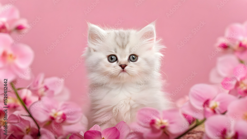 Fluffy White Kitten with Pink Flowers Fluffy White Kitten with Pink Flowers