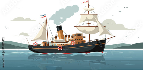 Vintage steamship sailing on calm water with distant hills and cloudy sky vector illustration 