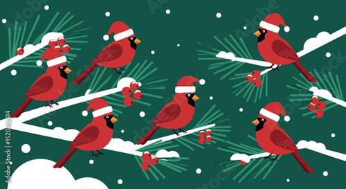 Red cardinals wearing santa hats on snowy pine branches festive winter scene 