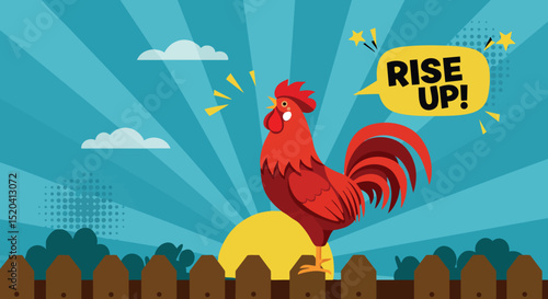 Rooster standing on wooden fence with sunrise and speech bubble Rise Up vector illustration 