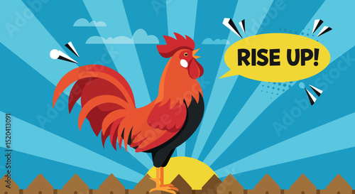 Rooster crowing at sunrise with rise up speech bubble in blue sky vector illustration 