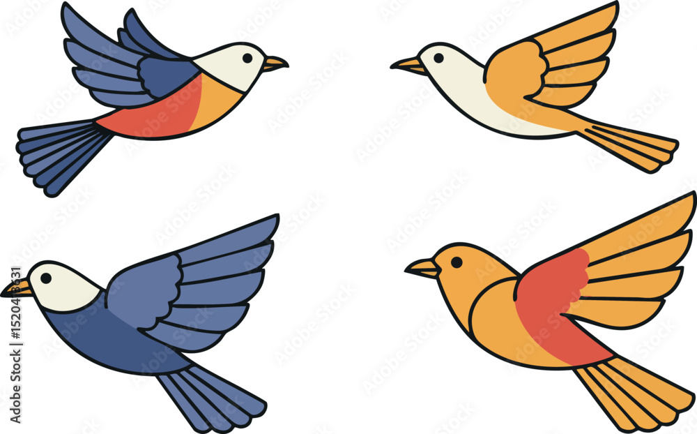 Fototapeta premium Colorful flying birds vector illustration with blue and orange wings in flight position 