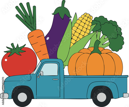 Blue Pickup Truck Carrying Fresh Vegetables Including Pumpkin Carrot Eggplant Tomato Corn Broccoli 
