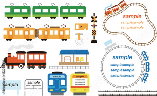 鉄道のかわいいシンプルベクターイラストデザインフレーム素材セット