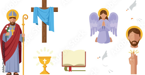Christian religious symbols with saint bishop cross chalice angel and dove vector illustration 