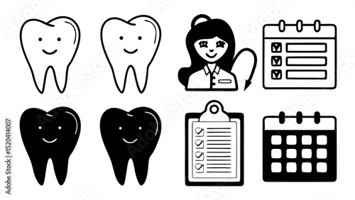 "Flat vector icons of smiling teeth, dental checklists, appointment calendars, and friendly dentist symbols. Simplified design in professional dark gray-blue on soft light gray background."



