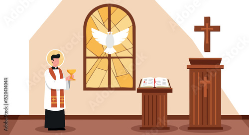 Priest holding chalice near altar with dove stained glass window religious scene vector illustration 