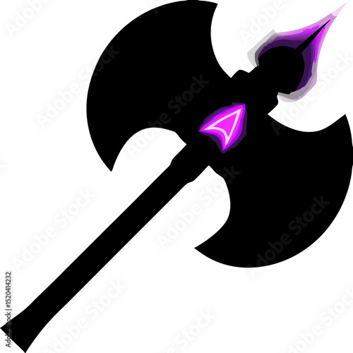 Black fantasy battle axe with glowing purple accents illustration