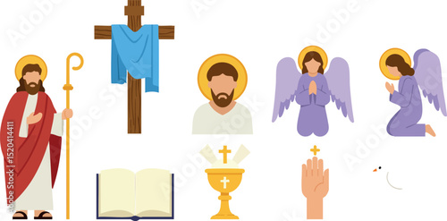 Christian religious icons vector set with Jesus Christ, cross, angel and holy symbols illustration 
