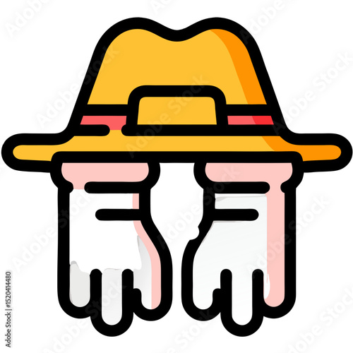 Cartoon illustration of hands wearing gloves under a yellow hat