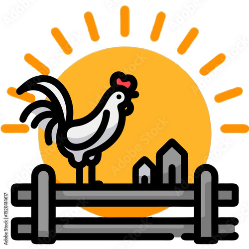 Cartoon Rooster on Fence with Rising Sun and Farm Buildings