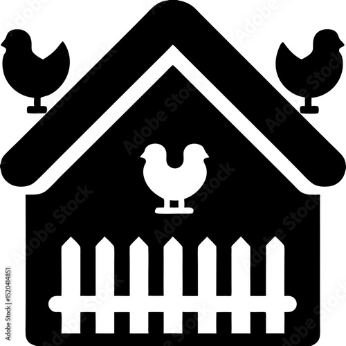Chicken coop icon with chickens on the roof and fence