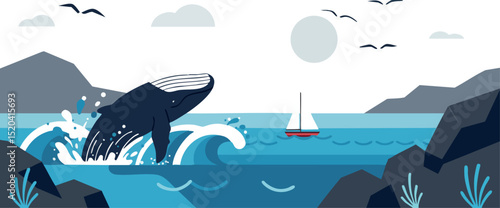 Whale breaching ocean waves with sailboat and rocky coastline in blue tones vector illustration 