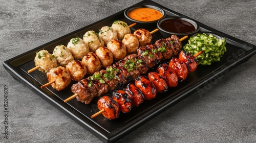 A sleek, high-angle shot of a Japanese izakaya-style table setting, featuring a variety of yakitori skewers, including grilled chicken, tsukune (meatballs), and spicy shishito 