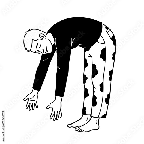 Black And White Illustration Of A Man Bending Forward In Cow Print Pants